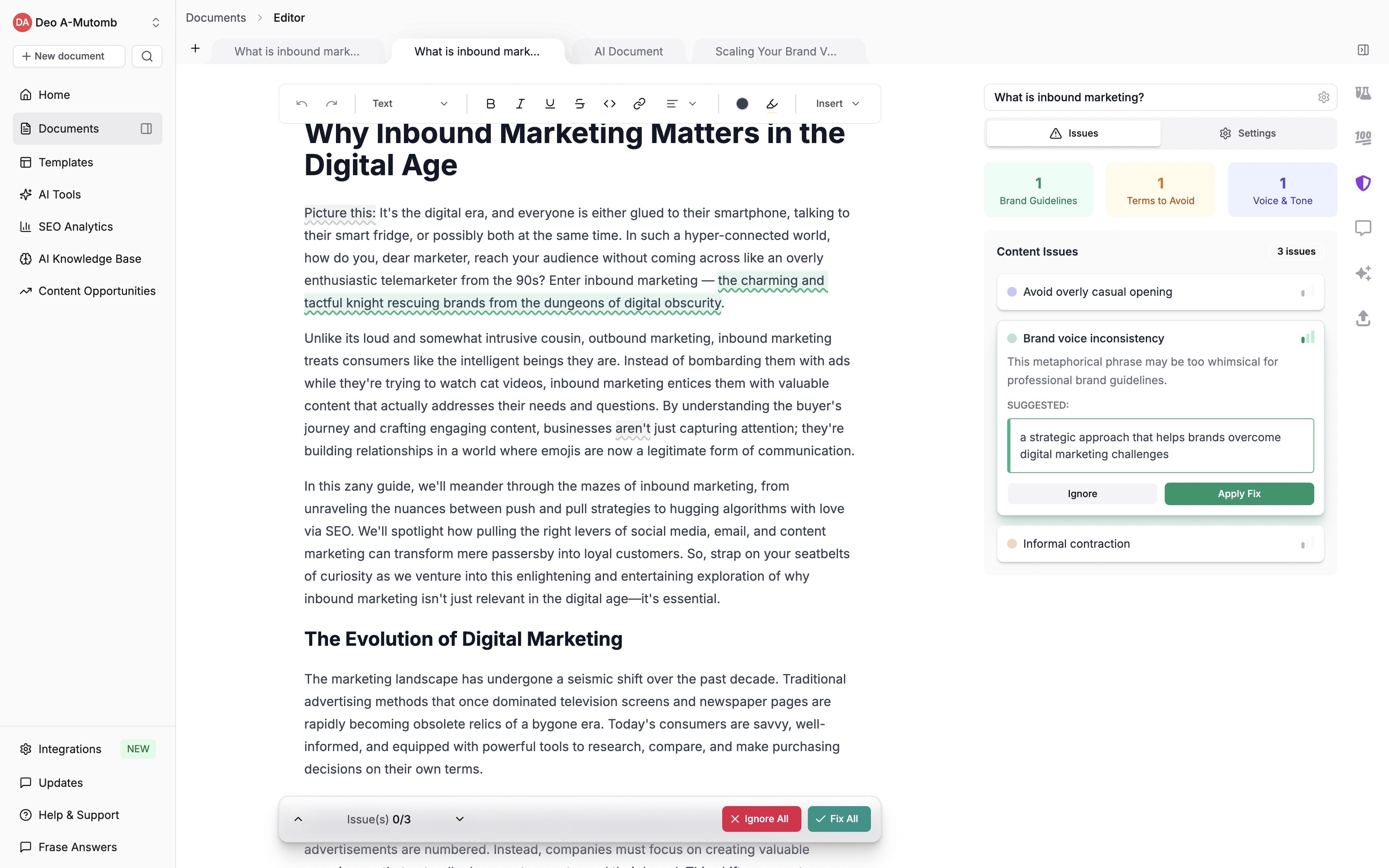 Frase brand voice monitoring showing real-time content issues and suggestions