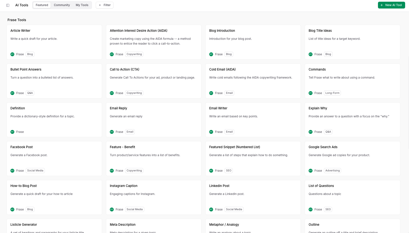 Frase AI Writing Tools Interface - All 40+ tools in one organized dashboard