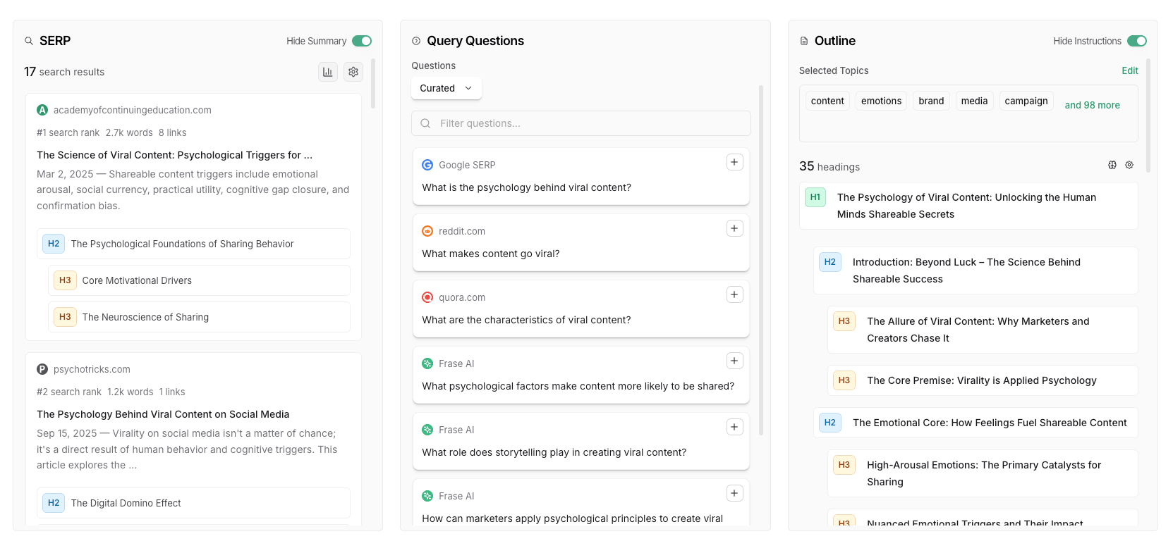Frase SEO research dashboard showing SERP analysis, People Also Ask questions, and automated outline creation