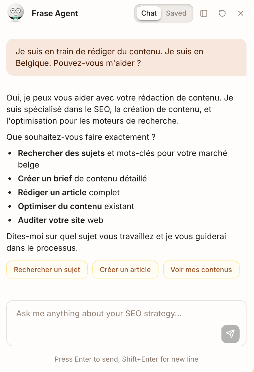 Frase Agent responding in French to a Belgian user's content request