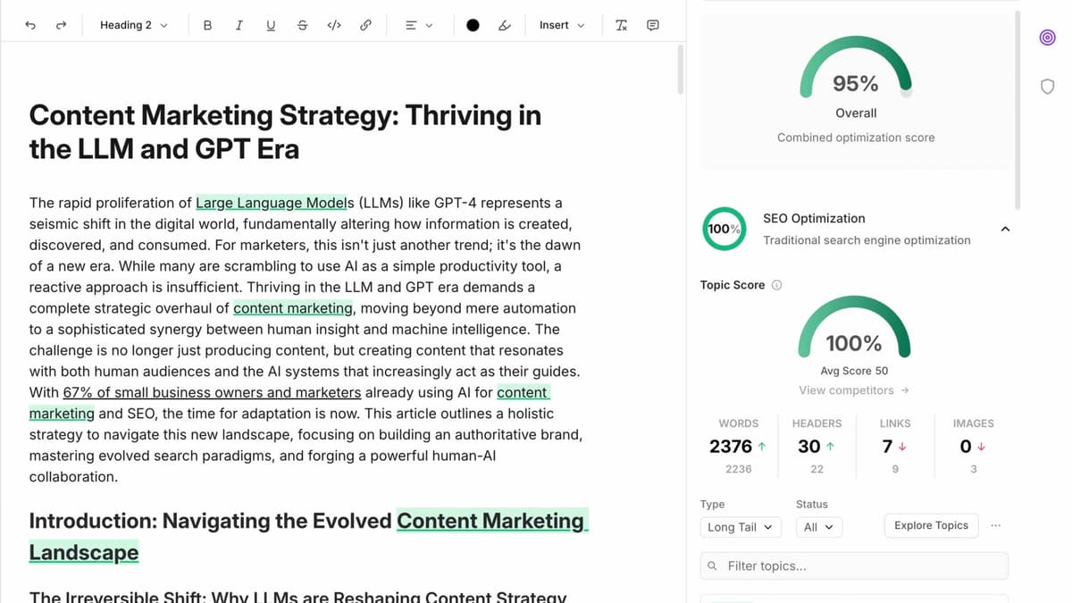 Frase combined SEO and GEO optimization scores showing dual content performance