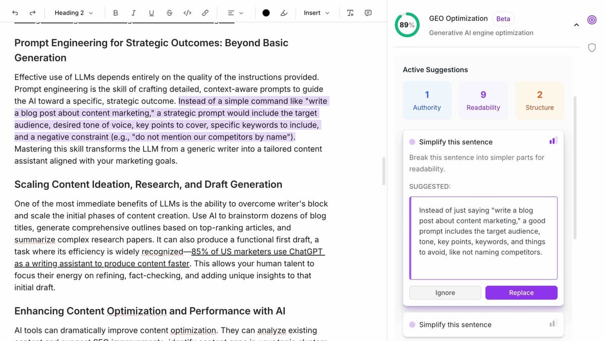 Frase GEO optimization suggestions panel showing AI search recommendations