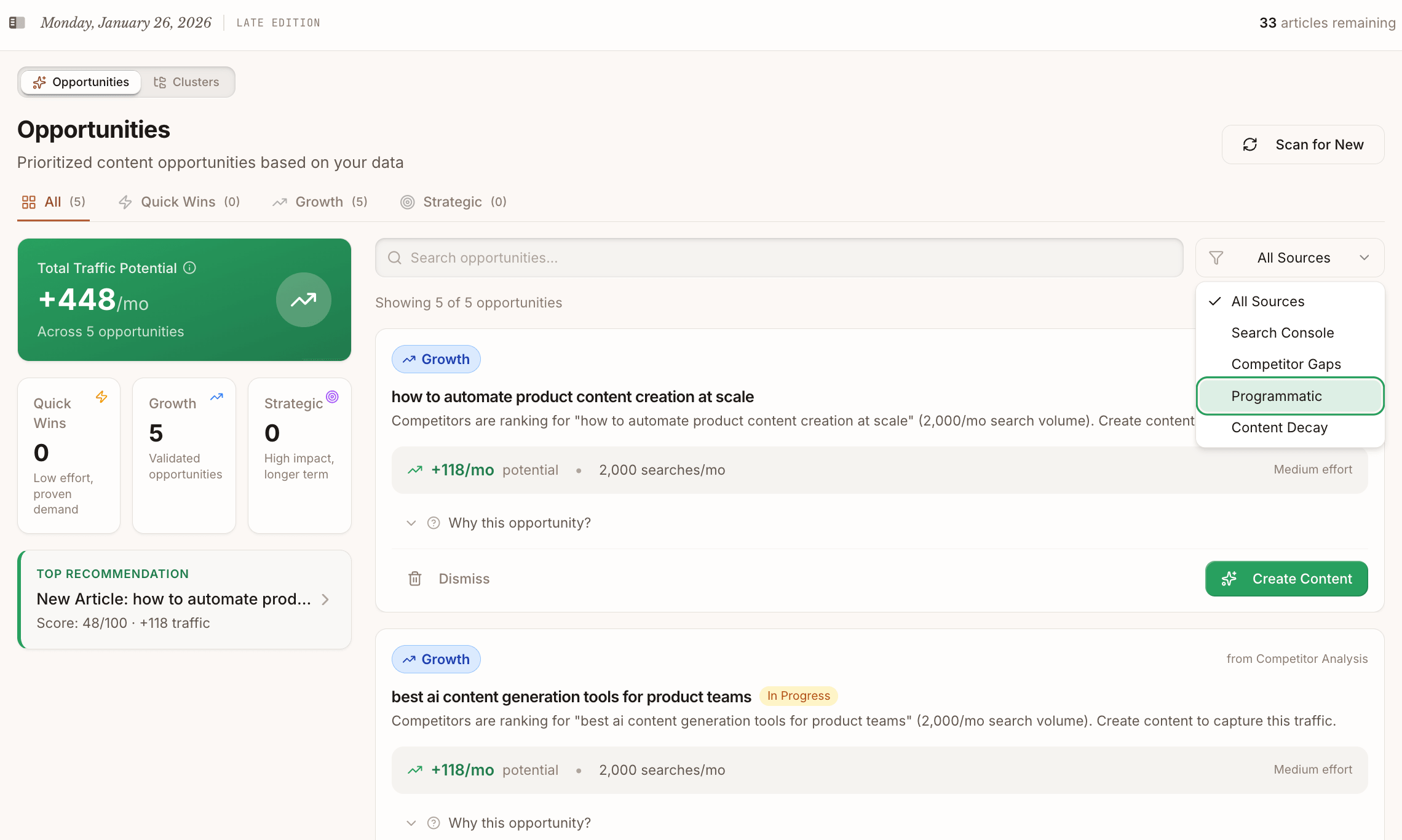 Frase programmatic SEO dashboard showing content opportunities with growth potential, automated product content creation at scale, and AI content generation tools for product teams