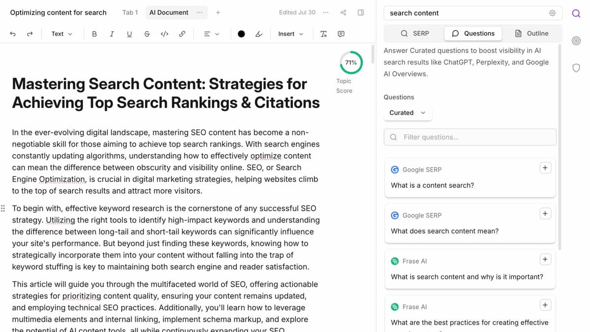 Frase questions tab showing curated questions for AI search optimization and GEO