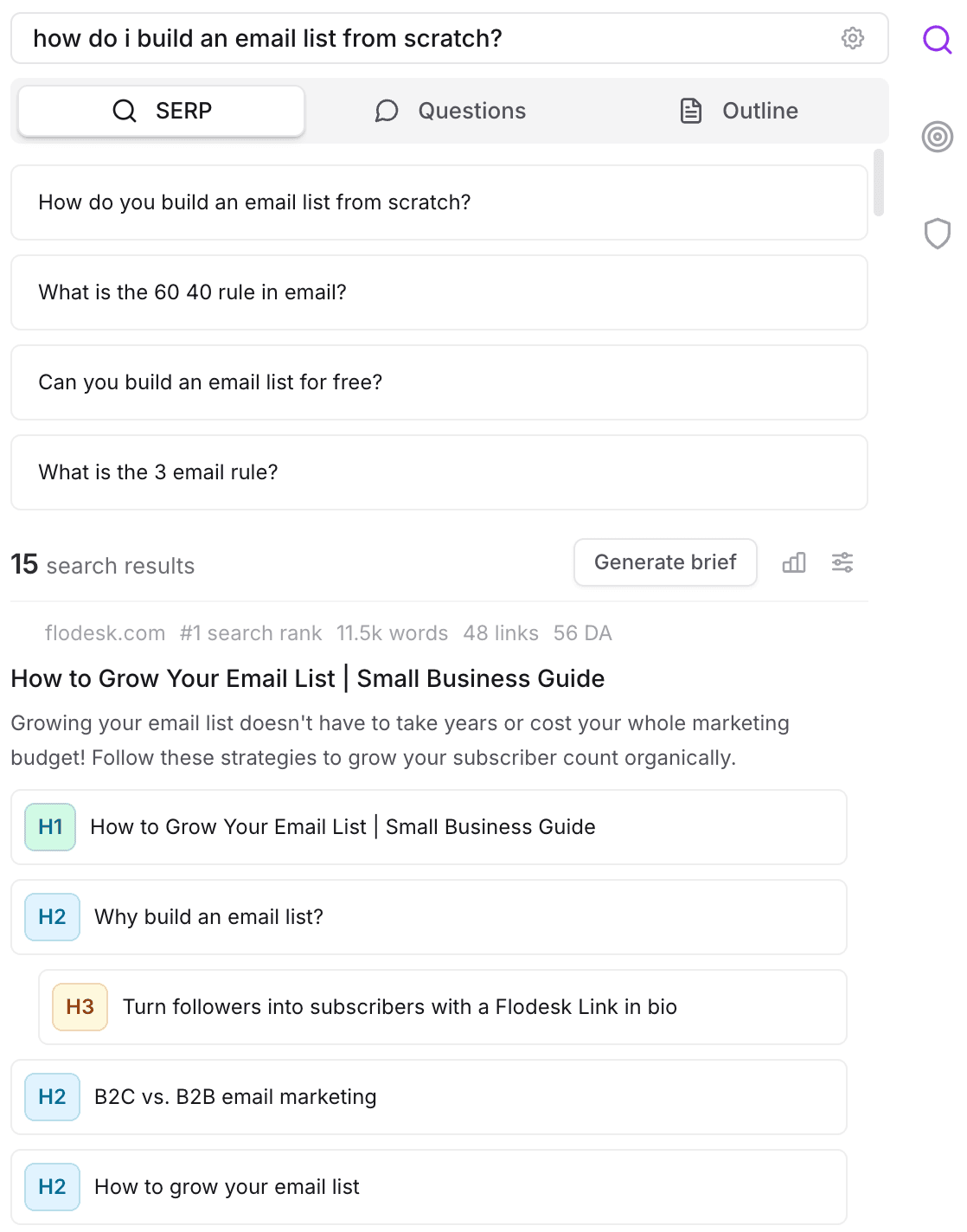 Frase SERP Analyzer showing competitor content structure analysis with heading hierarchy (H1, H2, H3), SERP metrics including word count, domain authority, and backlinks for top-ranking email list building content