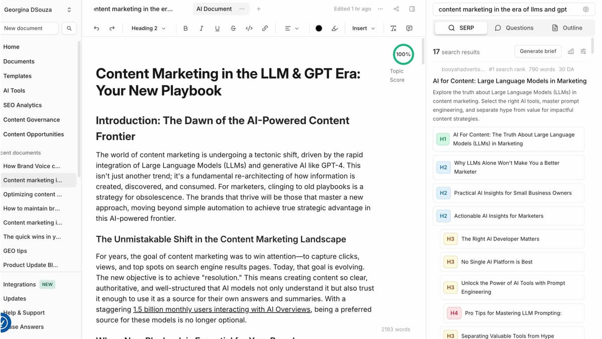 Frase generated outline from SERP research for SEO and GEO optimized content