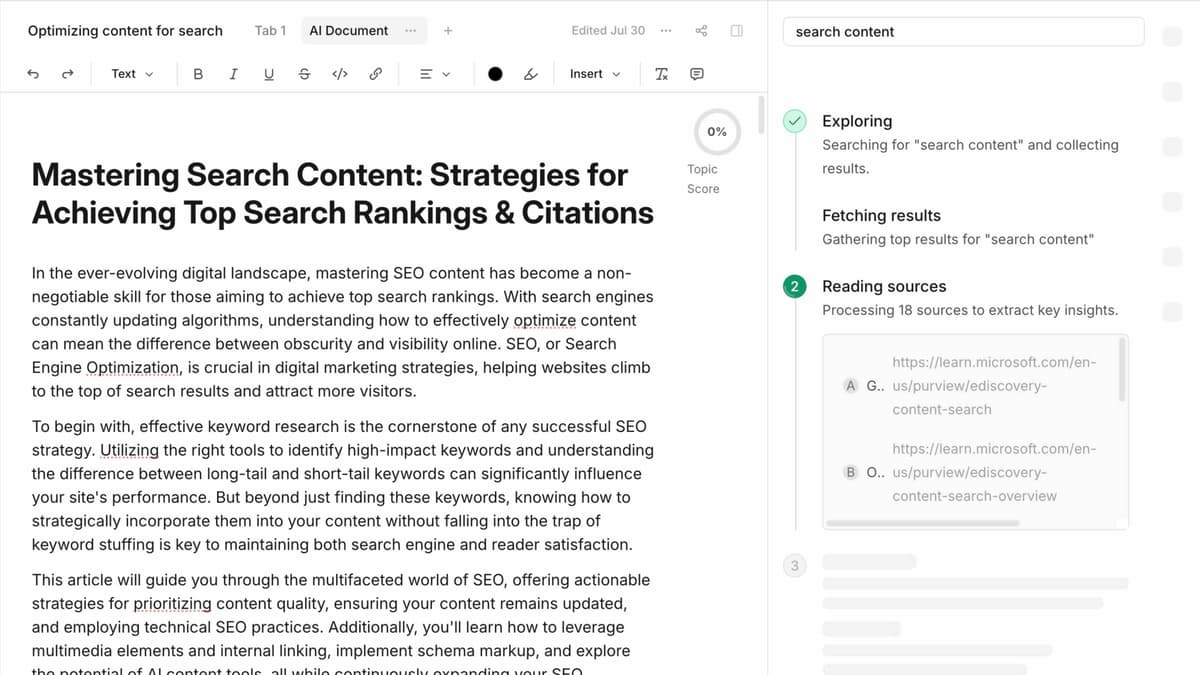 Frase SERP research showing top Google results analysis for content optimization