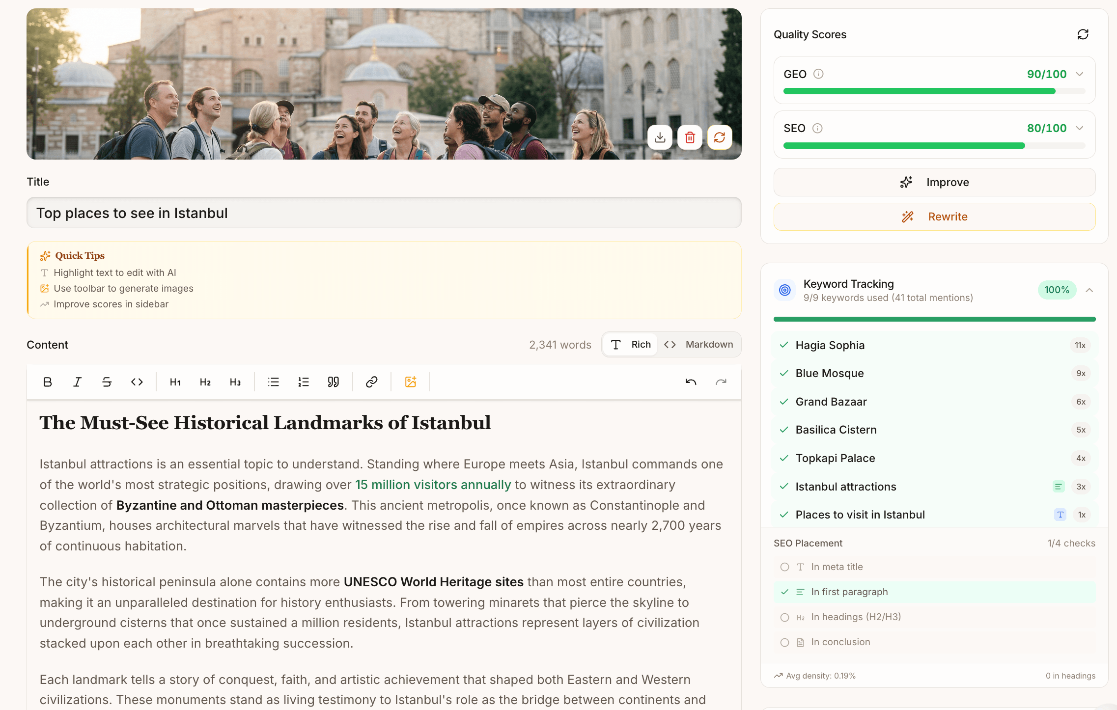 Frase content tracking showing ranking improvements and AI citation performance