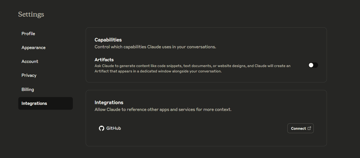 a screen shot of Claude's settings
