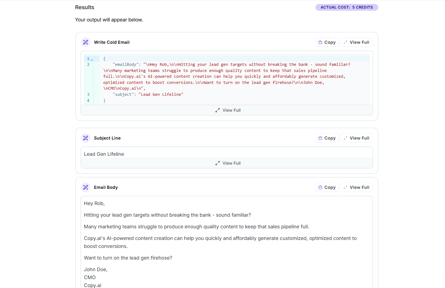 Copy.ai cold email example