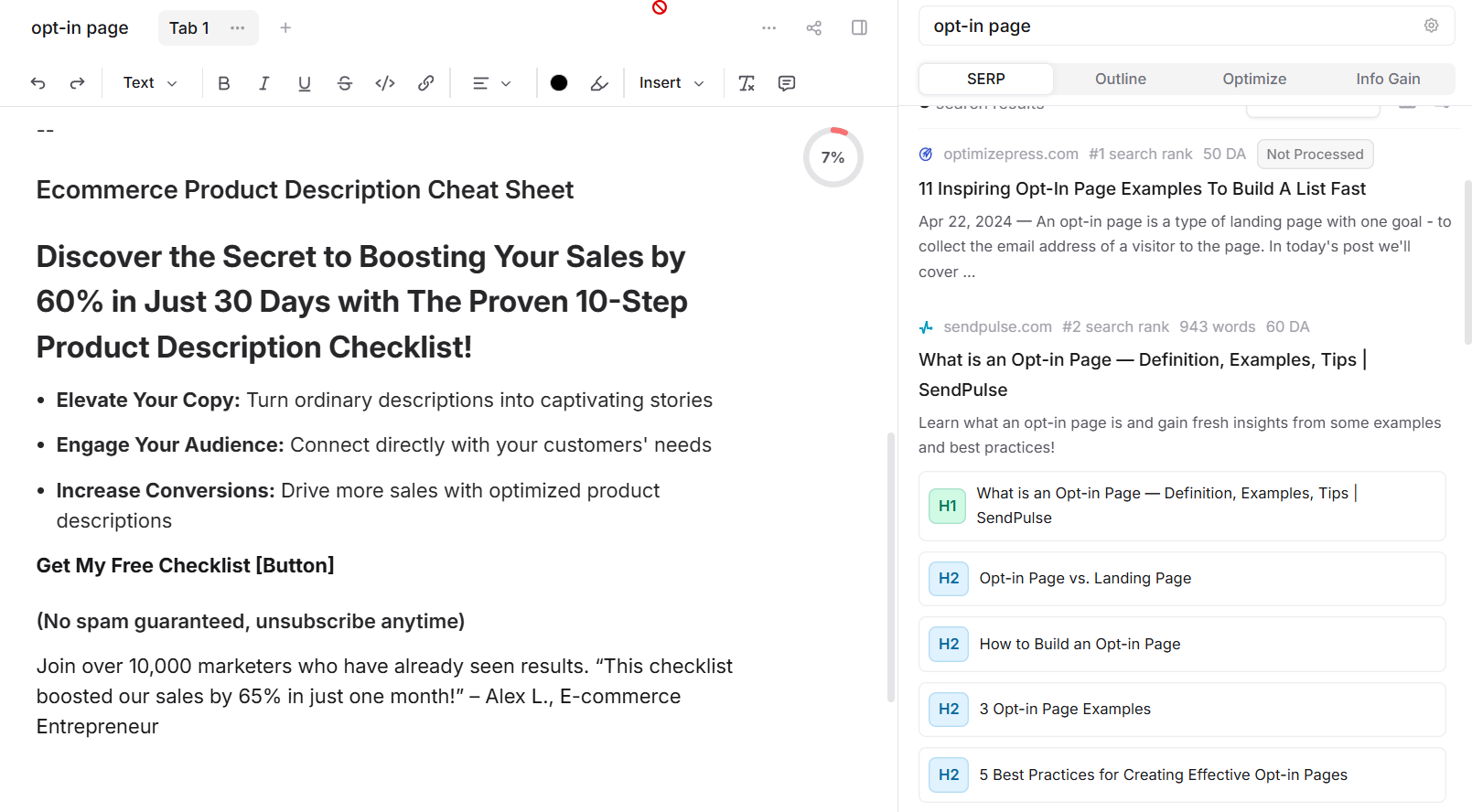 Email copy written by Frase