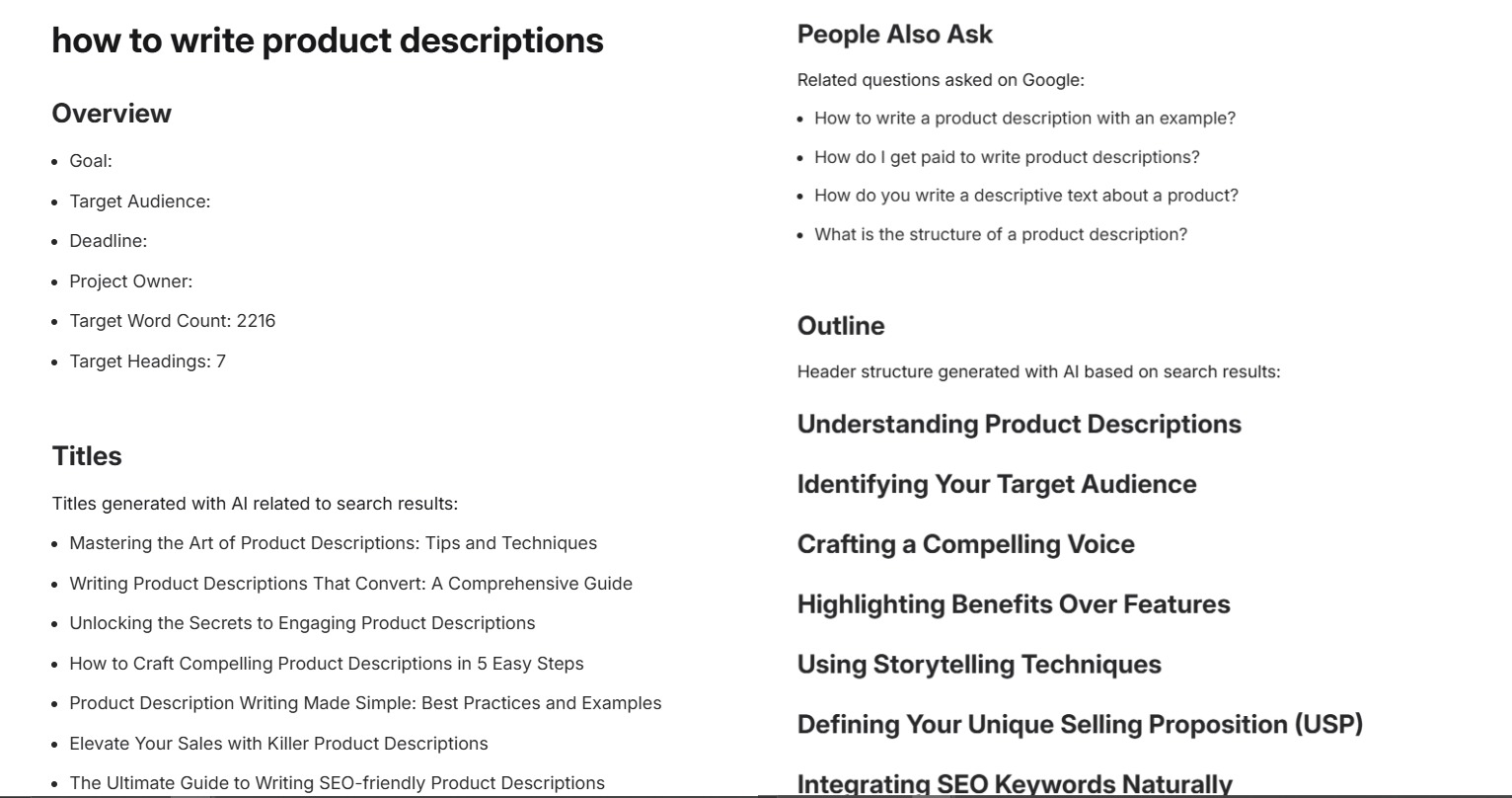 Screenshot of a well researched content brief created by Frase