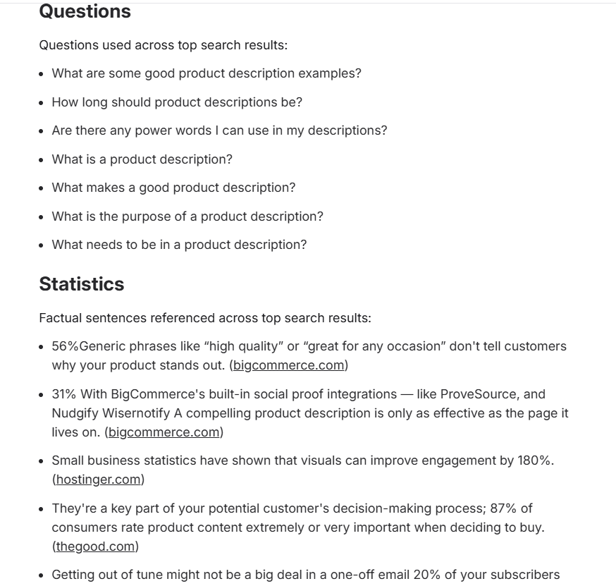 Screenshot showing a Frase content brief with PAA questions and Statistics to use