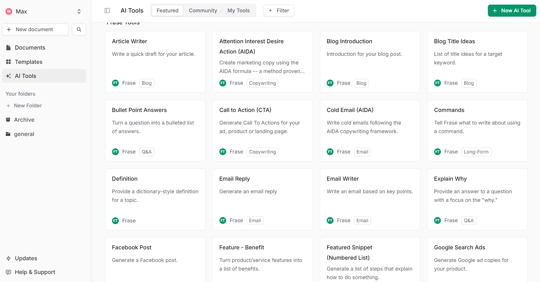 Frase has diverse AI tools you can leverage in a variety of use cases